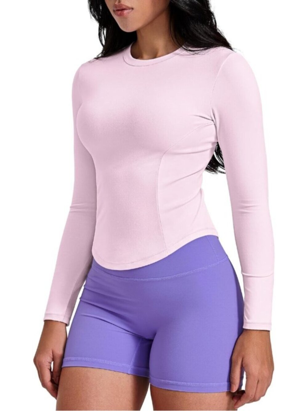 Women Pink Long Sleeve Workout Shirts Cropped Athletic Tops Slim Fit Crew Neck